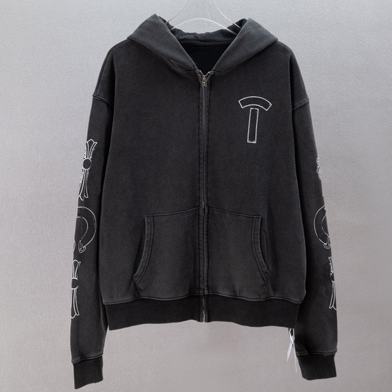 Men Street Style Washed Black Jacket Designer Zip Up Full Print Sleeve Loose Hooded Coat Spring Autumn Casual Outing Outwear