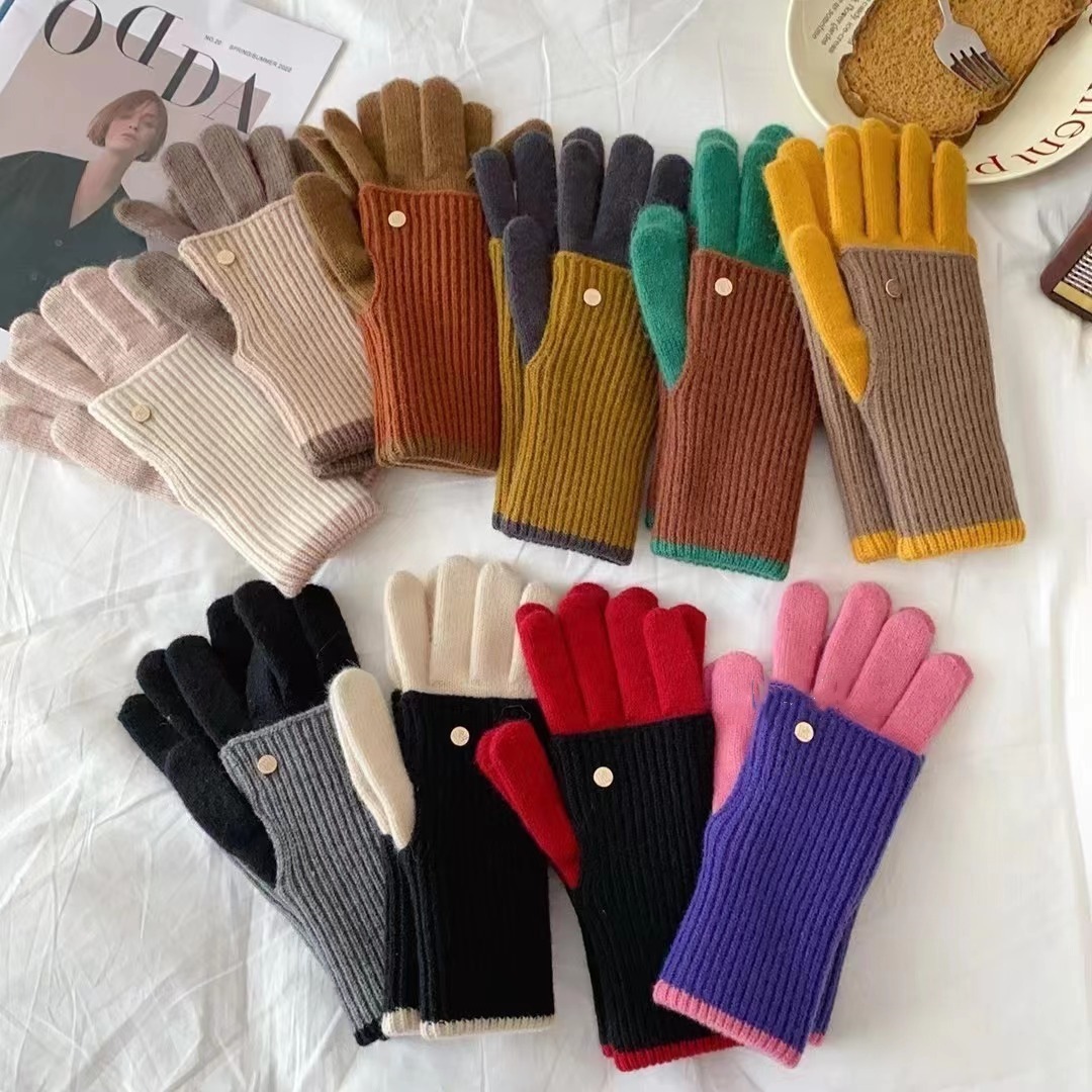 Korean Winter Color Block Fingerless Personalized Warm Knitted Gloves, Touchscreen Compatible, Unisex Gift