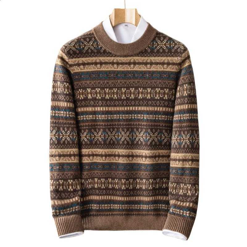 Pure New Quality Arrival High Cashmere Men Retro Jacquard Striped Round Neck Thick and Warm Knit Sweater Winter Plus Size S-5XL J260916