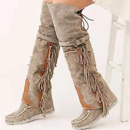 Boots Knee-length Women fashion Bohemia Ethnic Personality High Boot Tassels Faux Suede Boots Flat Bottom Long Botas Mujer D260917