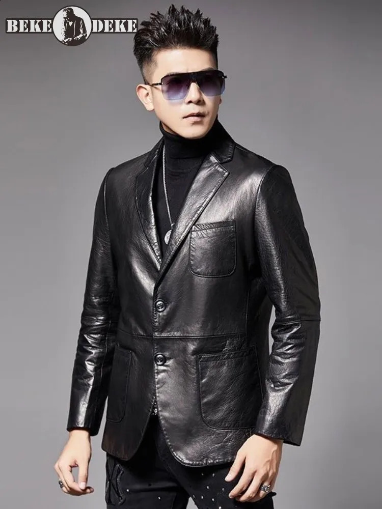 Office Work Mens Business Genuine Leather Suit Jacket Slim Fit Single Breasted Fashion Spring Casual Sheepskin Black Blazers 260917