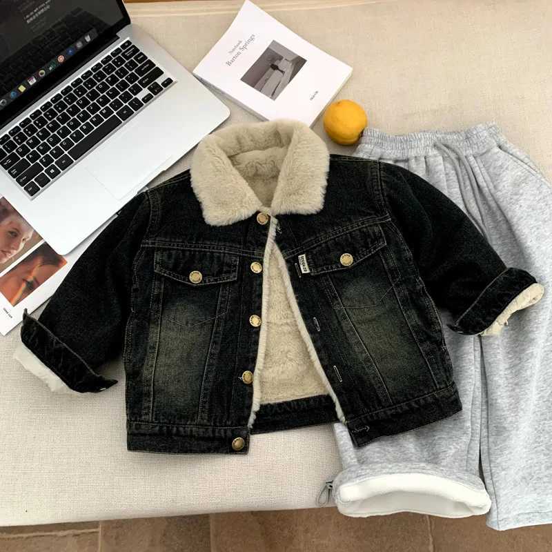 Winter Kids 2025 Denim Jacket Plus Velvet Top Boy's Jacket Baby Girl Thickened Lapel Top Boutique Clothing Simple StyleT260916