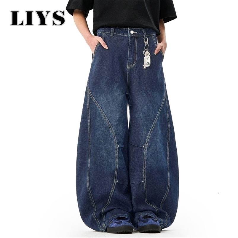 Men's American Retro Blue Loose Machete Wide Leg Jeans Unisex Baggy Straight Sickle Denim Pants Deconstructed Balloon 260916