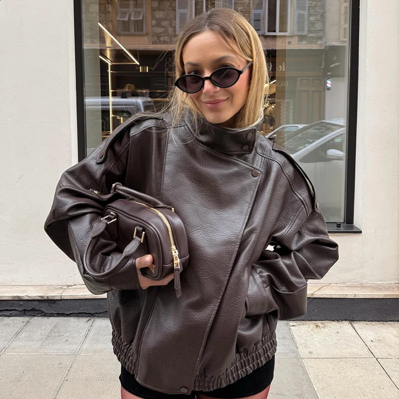 Women's Jacket 2025 Fashion Autumn Black Long Sleeve Pebble Faux Leather Jacket Motorcycle Style Personality Ladies Jacket 260916