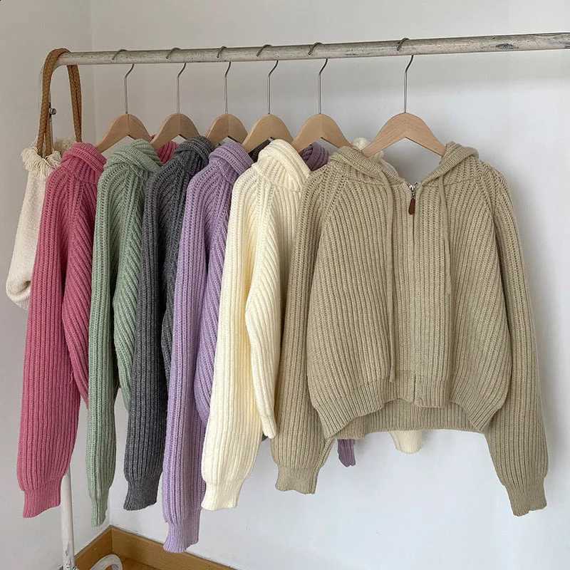 Candy Colors Knitted Sweaters Women Loose Thicken Long Sleeved Zipper Sweaters Woman Solid Color Casual Hooded Short Cardigan X260916