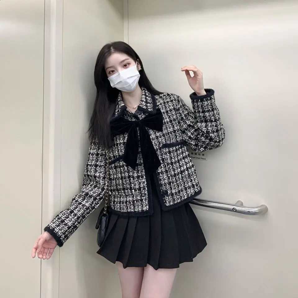Autumn Winter Preppy Style Women Plaid Bowknot Wool Coats Dress 1 or Two Piece Set Lady Falls New Loose Jackets Skirts OutfitsW260915