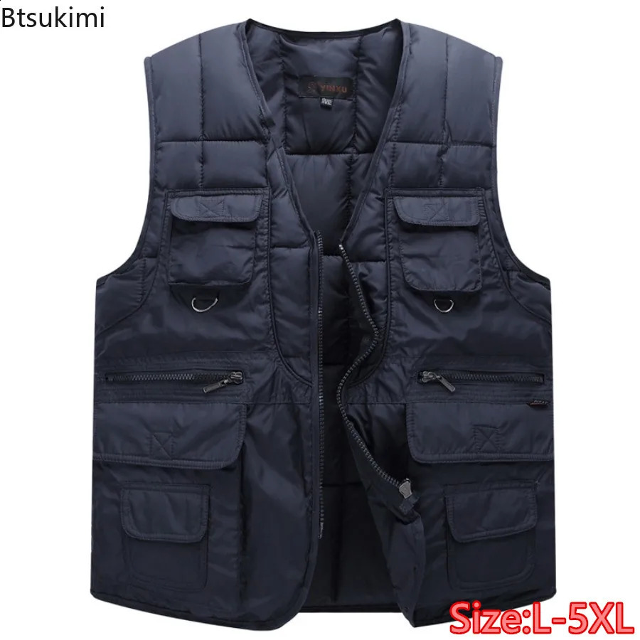 2026 Men's Down Cotton Vest Multi-pockets n Men Outdoor Casual Fishing Vest Autumn Winter Warm Zipper Sleeveless Jacket 5XL 260916