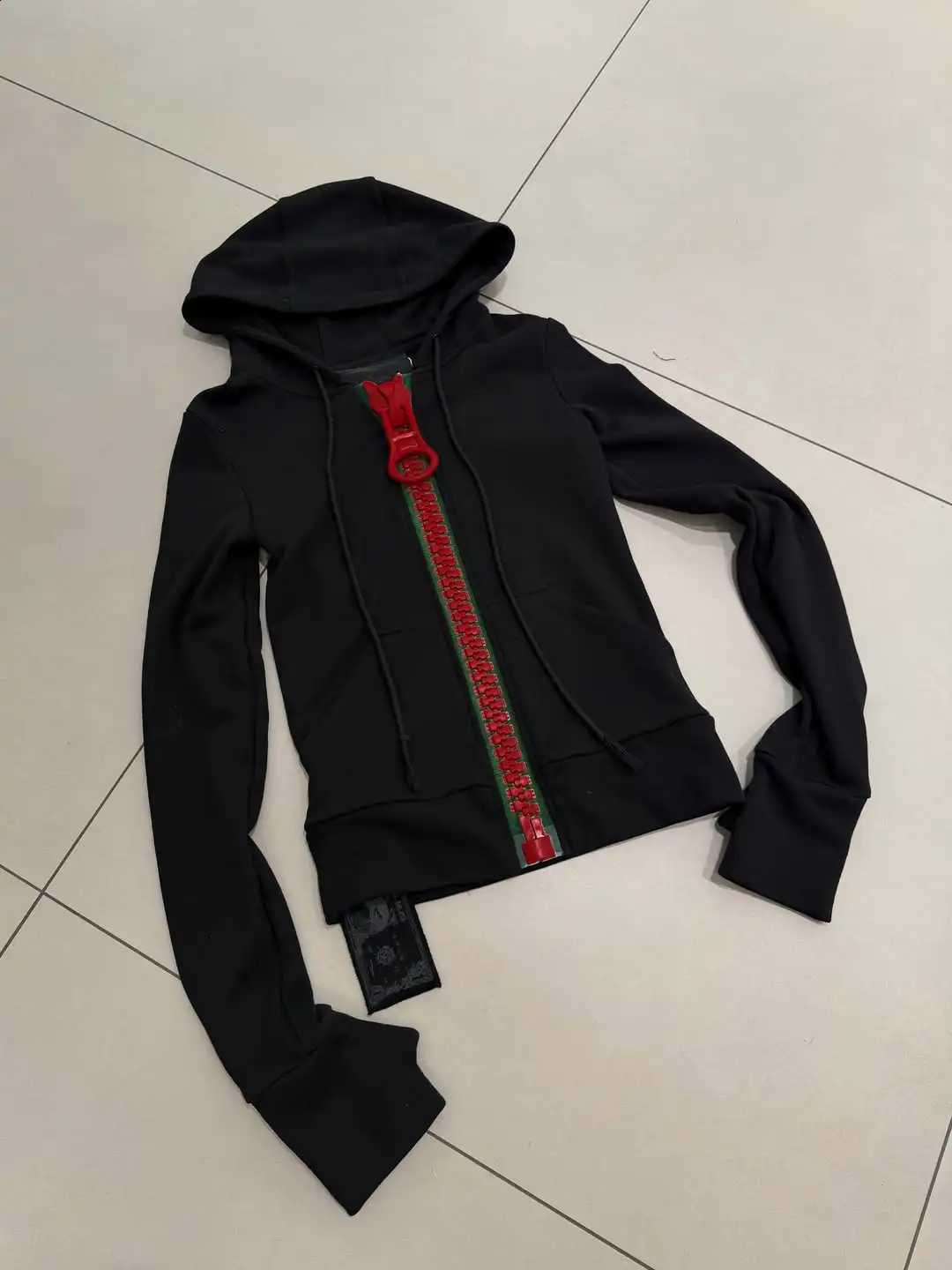 Contrast Red Green Zipper Black Slim Zip Up Hoodie Y2K Cropped Hooded Jacket Women Vintage Casual Street Sweatshirt X260916