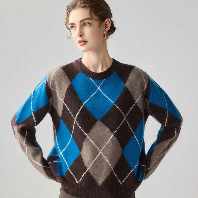 Loose Retro round Lazy neck Knitwear Womens Autumn Winter Thick Cashmere Overhead Color Block Knitted Top 100% Percent J260916