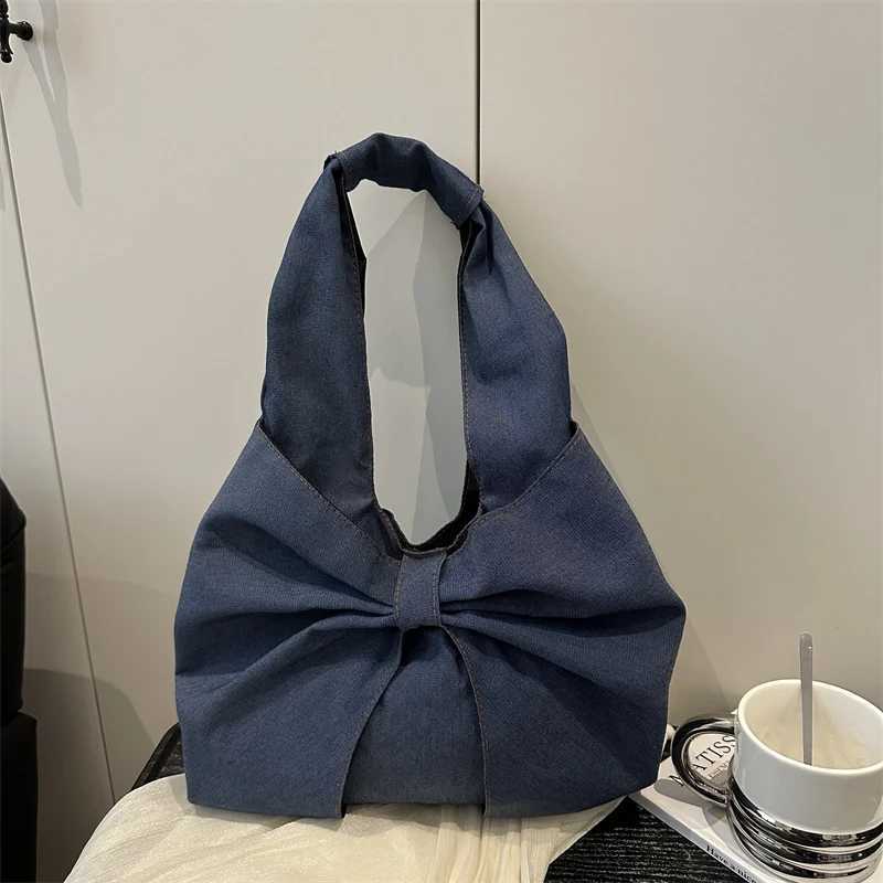 Chic Minimalist Denim Shoulder Handbag Cute Bowknot Commuter Tote Bag Do Think Korean Style Soft Handle Polyester H260916