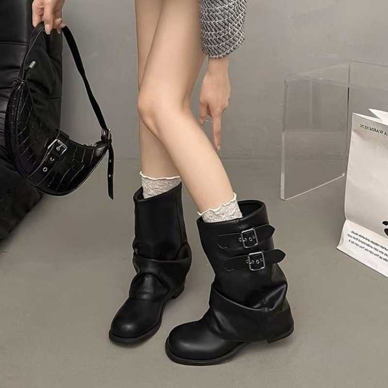 Women Black Slouchy Mid Calf Boots Double Decor Low Block Heel Zipper Closure Pleated Ladies Daily Casual Footwear D260917