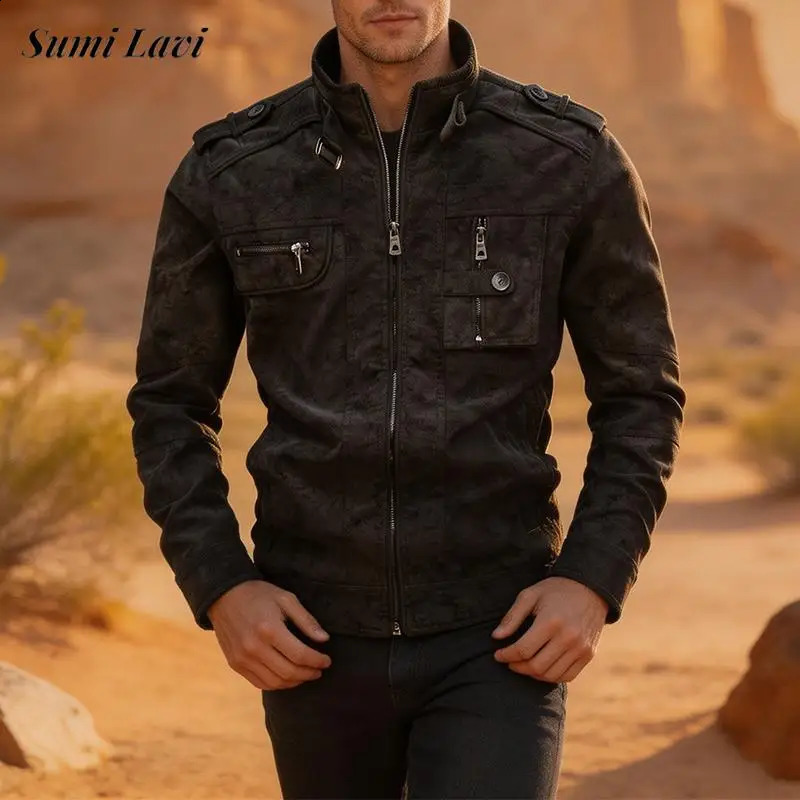 Autumn Winter PU Leather Cargo Coat Mens Vintage MultiPocket Jacket Daily Casual Stand Collar Windbreaker Outerwear For Male y260917