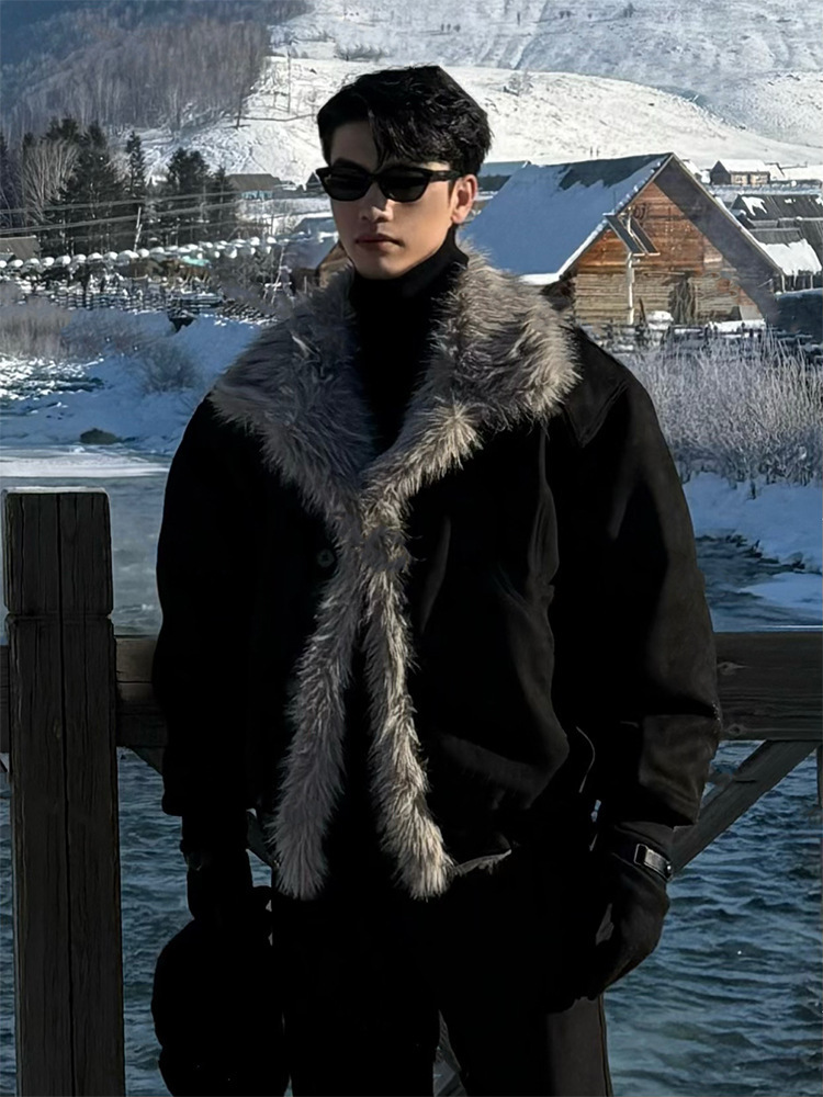 Zuoshandiao Sheepskin Integrated For Men Winter Thickened Warm Design American Style Turn Down Collar Cotton Coat Jacket