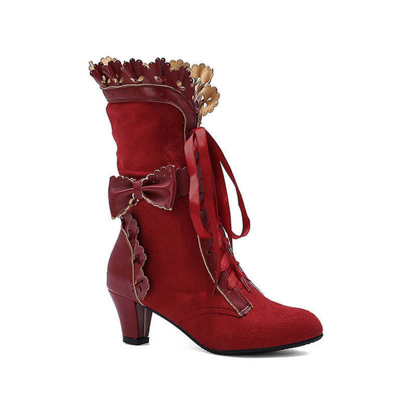 Lolita Boots Autumn Winter Women's Bow Lace Mid Calf Boots Women Lace-Up Cosplay Party Botines Ladies Shoes Chunky Heels WSH4715 D260917