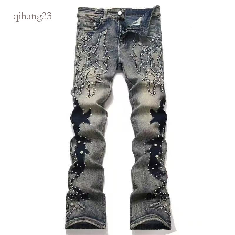 MA Jeans Men Designer Slim Fit Ripped Patch Jeans High Stretch Denim Fabric AM Letter Printed Hip Hop Street Style Pants Straight Design Retro High