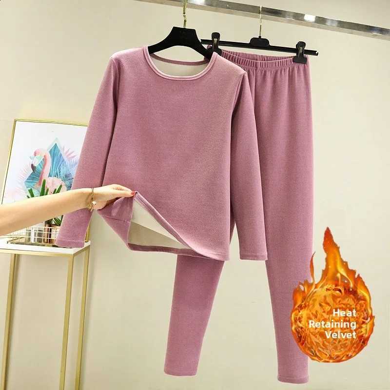 Ladies Thermal Fleece Lined Thickened Autumn Winter Warmth Set Self Heating Brushed Underwear Large Size Two Piece Set H260916