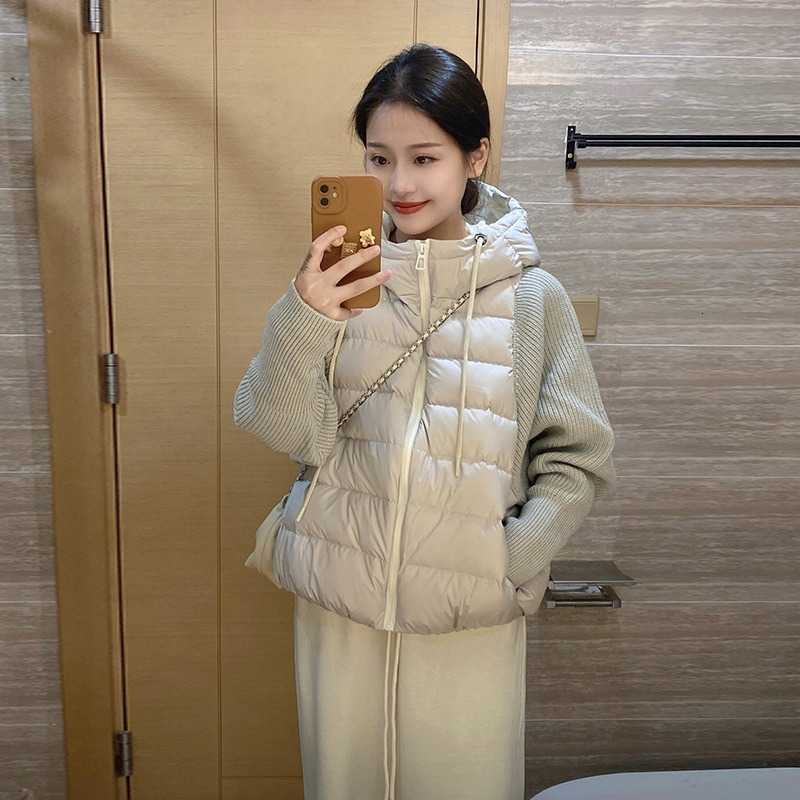 Down Splicing Lightweight Cotton Knitted Jacket Coat Women's Autumn Winter New Style Zipper Loose Hooded Fake Two Cotton Jackets H260917