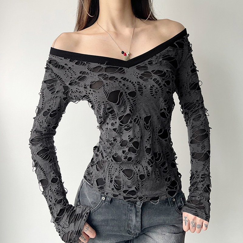 2025 European and American casual women's fashion V-neck basic T-shirt, distressed style, slim-fit, trendy long-sleeve top 8c