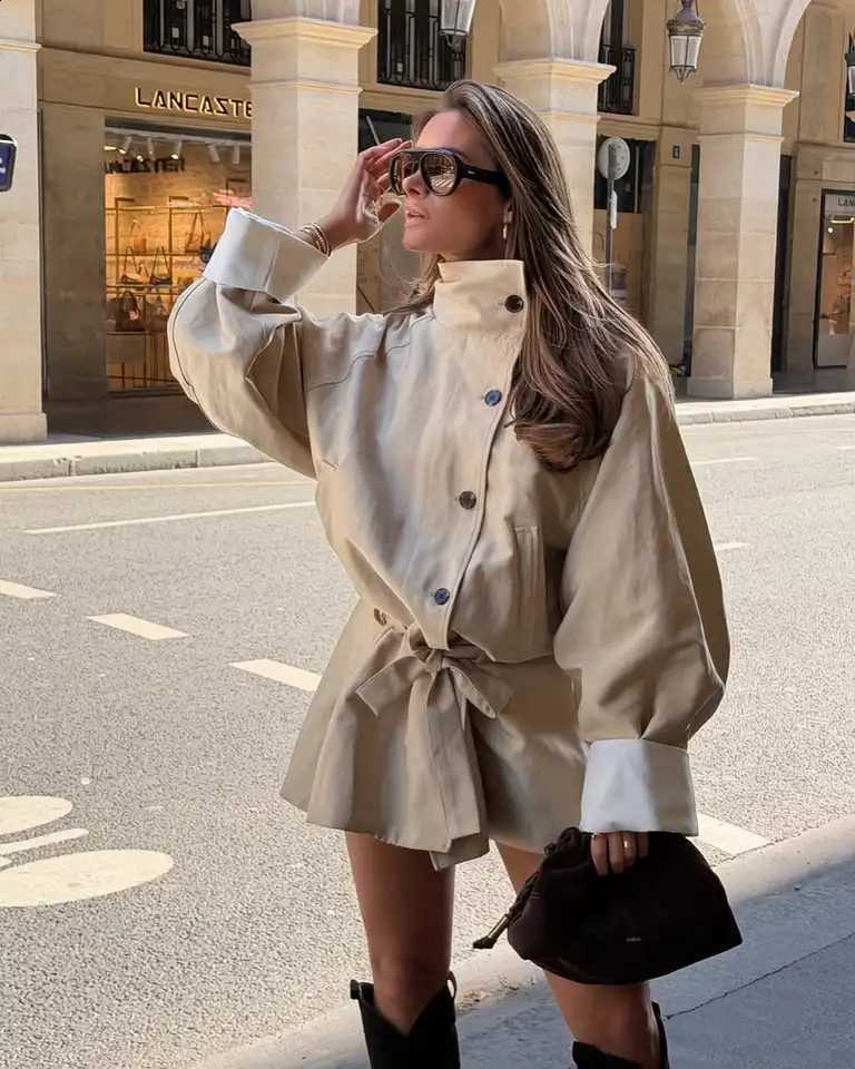 Breasted Neck Single Chic High Lace Up Short Windbreaker With Flared Loose Long Sleeved Women's Coat For Simple Street Wear 2026 D2609091