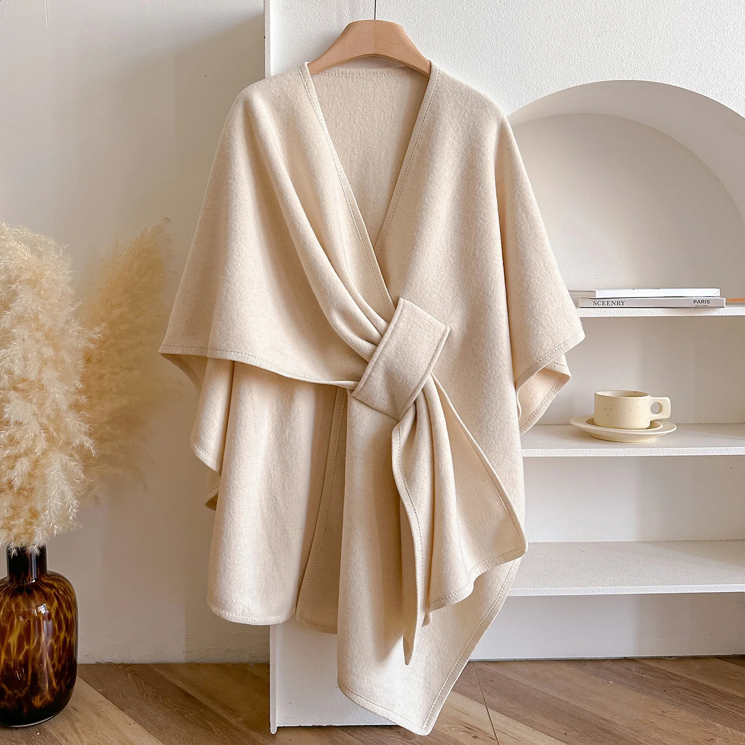 Solid Color Slit Shawl Women's Versatile Fashion Autumn and Winter Warm Decoration Atmosphere Cardigan 260917