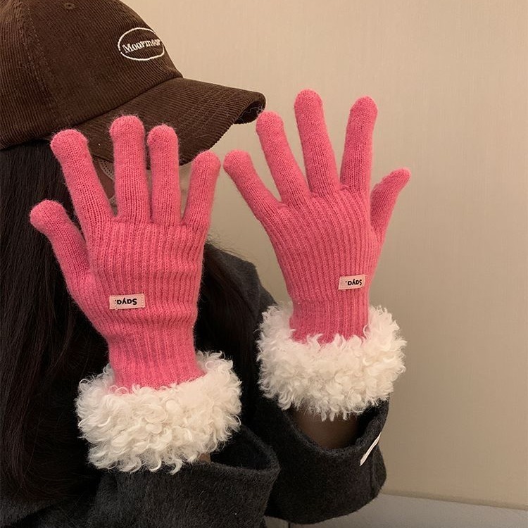 Fuzzy Edge for Women Winter 2026 New Korean Version Thickened Warm Knitted Finger Gloves Touchscreen Trendy