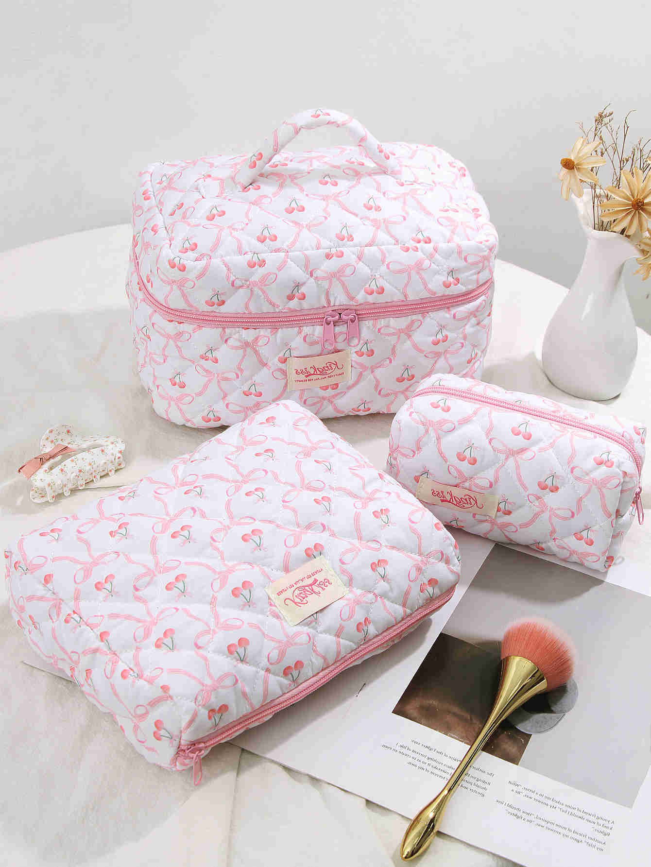 Bow 1pc/set Pink Cherry Quilted Makeup Bag Makeup Tool Storage Bag Aesthetic Travel Toiletry Bag Holiday Gift Makeup BagT260917