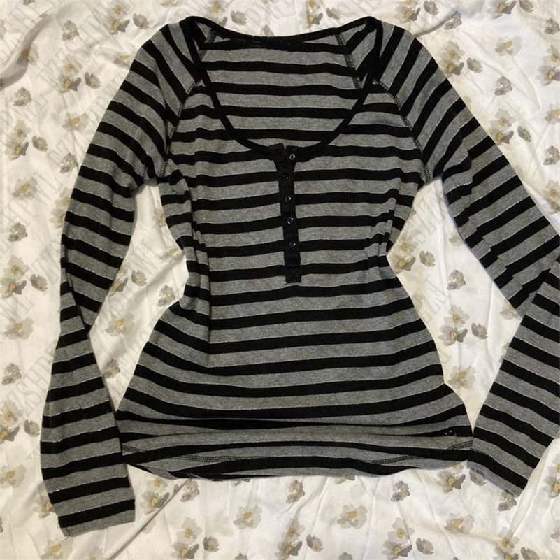 Gothic Subculture Punk Tshirt Fashion Stripes Aesthetic Long Sleeve Soft Y2K Harajuku Woman Clothing emo Tops Slim Pullover Tee 260916