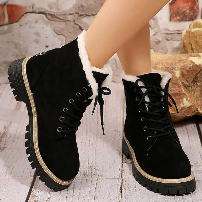 Ankle Autumn Plush Winter Warm Boots Women Plus Size 36-43 Faux Suede Platform Boots Woman Non Slip Lace Up Short Booties Mujer D260917