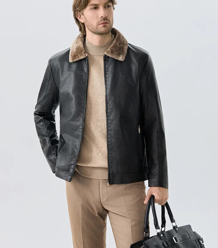 Men Lapel Solid Zipper n Plus Size Plush Bomber Coat Men's Leather Jacket Winter Fashion Warmth Thickened Leather Jacket 260917