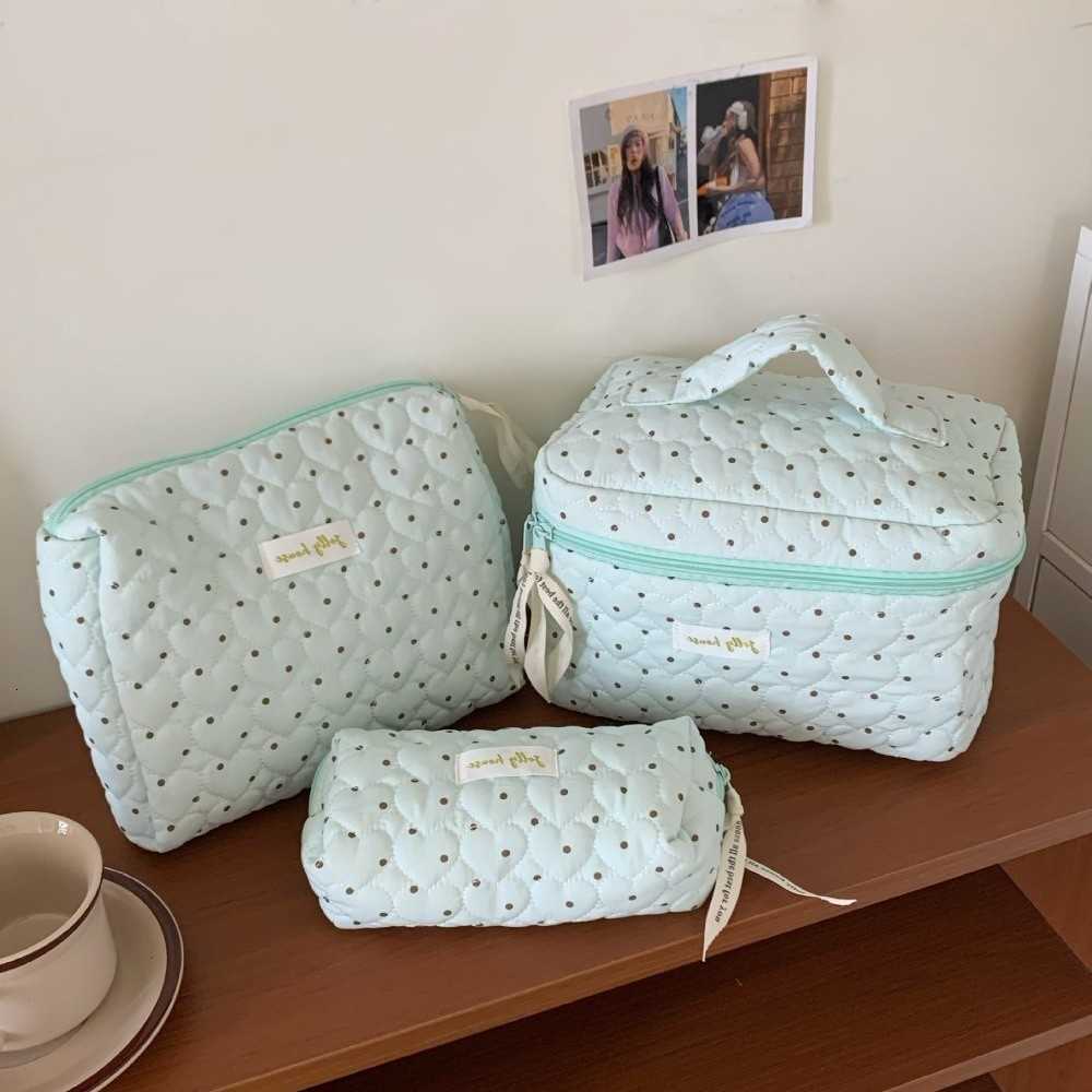 Dots Quilted Polka Makeup Bag Mint Green Color Large Capacity Travel Toiletry Bag Soft Cotton MultifunctionalT260917