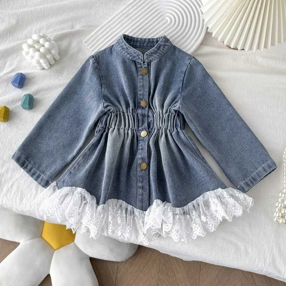 Leader Korean Bear Version Long Sleeved Patchwork Lace Denim Jacket Plain Casual Blue Single-breasted Girls ClothesT260916