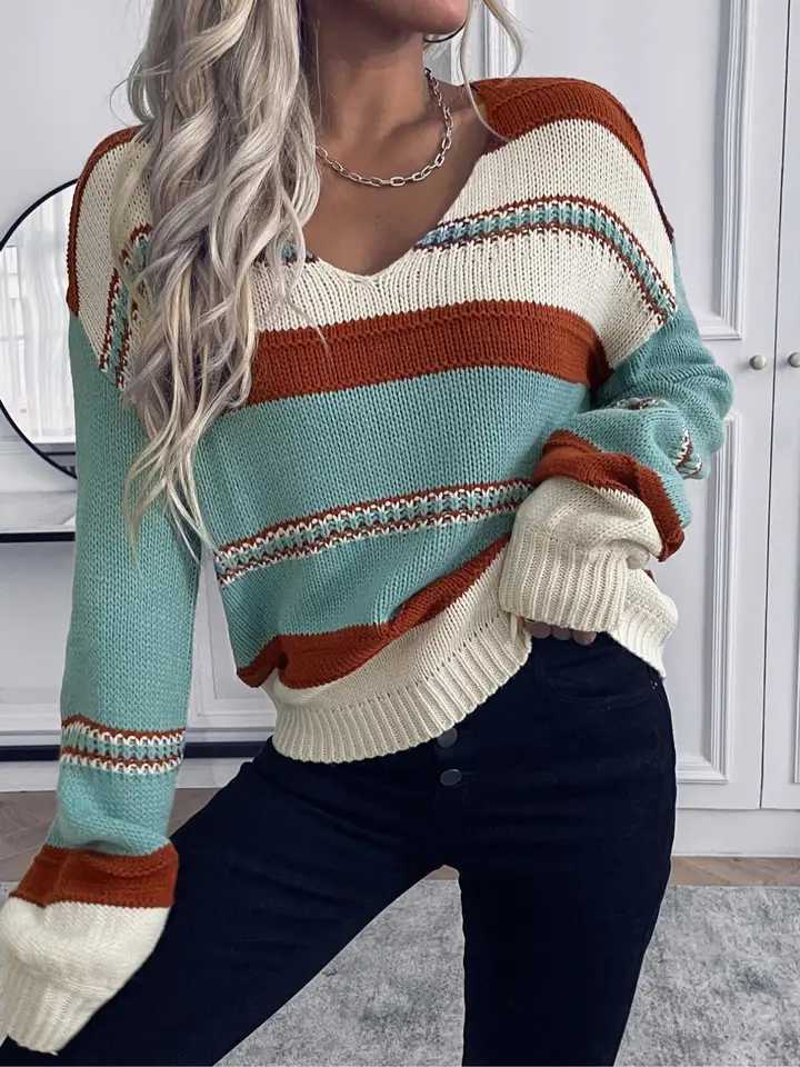 Women's Casual Fashion Colorblock V Neck Pullover Sweater Loose-Fit Fall Winter Knitted Top Moderate Fabric S260917UJ0K