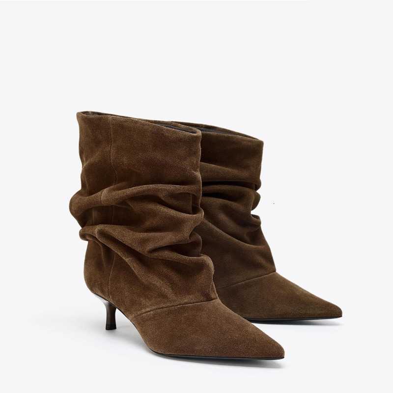 Spring New Pleated Pile 2026 Mid-calf Boots Women's Pointed Toe Versatile Stiletto Shoes D260917