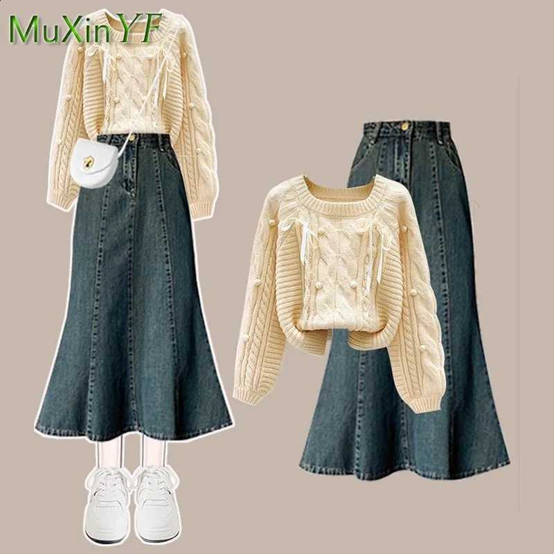 Chic Women New 2025 Autumn/Winter O-Neck Knit Sweater+Denim Fishtail Skirt 2-Piece Suit Korean Elegant Hoodie Dress Matching SetW260915