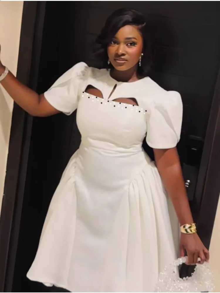 Cutout Elegant White Puff Sleeve Mini Dress Luxury Rhinestone Beading High Waist A-Line Party Dress Trendy Summer Club Vestidos C260917