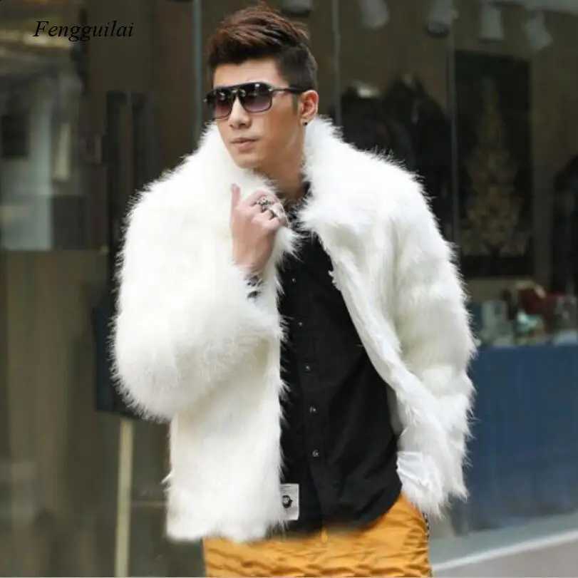 Men Faux Leather Homme Jacket White Black Fashion Coat Fur Fur Lapel Men's Casual Slim Coat Jaqueta MotoqueiroW260915