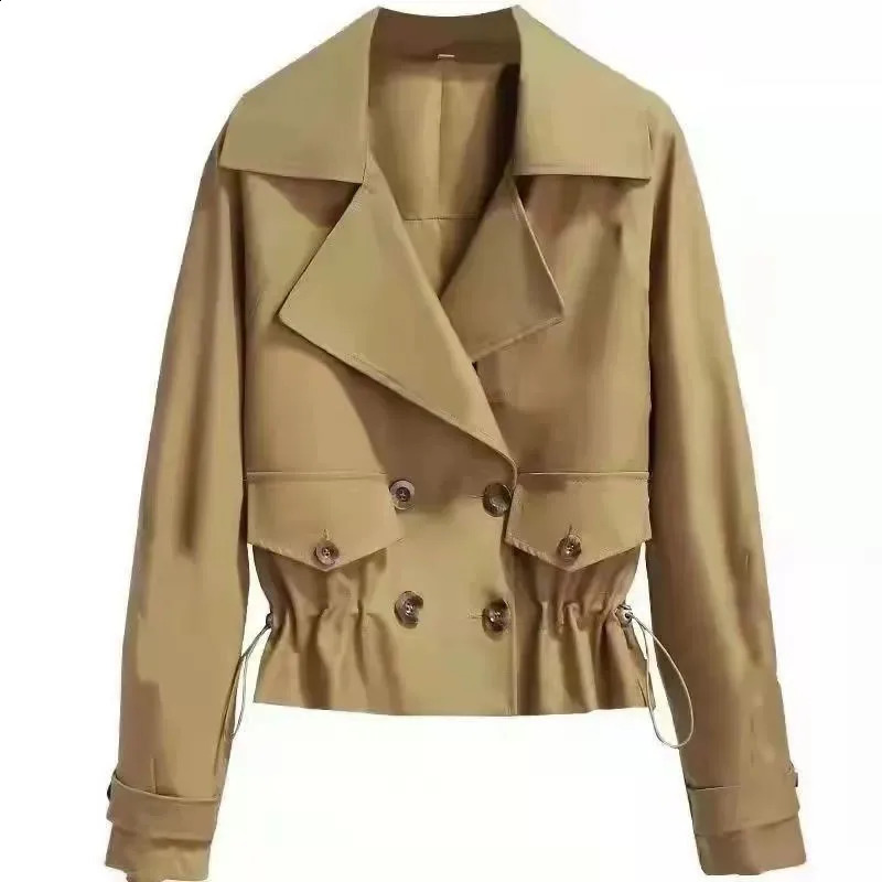 2026 Collection Womens Short Trench Coat British Style Lapel DoubleBreasted Drawstring Waist Jacket Autumn Casual Outwear 260915