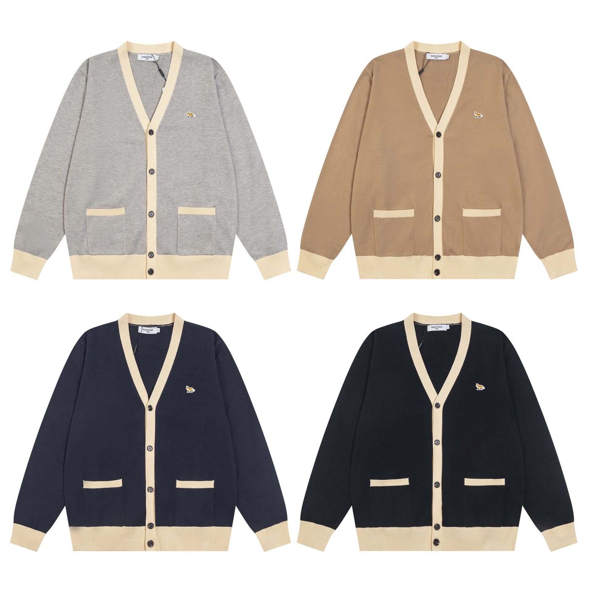High Quality Fashion Fox Classic Style Striped Knit Cardigan Sweater Chest Badge Embroidery Design Long Sleeve Open Front Loose Casual Streetwear Ou