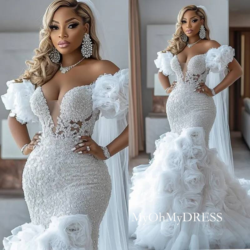Arabic Aso Ebi Ivory Dress 2026 Mermaid Bridal For Bride Off Shoulder V Neck Sexy Flora Tiered Tulle Charming Wedding Gowns D600 Y916