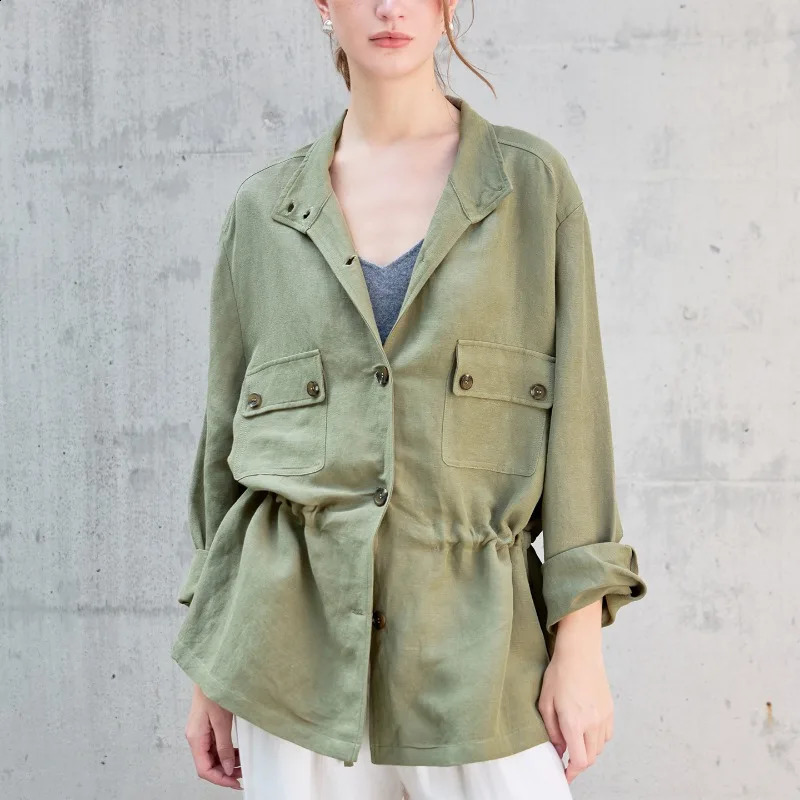 Women's Linen Workwear Trench Coat 2026 Spring Arrival Unique WaistCinched Retro Army Green Lapel Shirt Jacket 260917