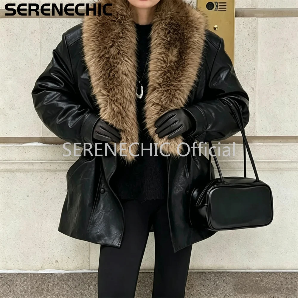 SERENECHIC y Fashion n Black Faux Leather Coat Women Detachable Fur Collar Oversized PU Jacket Blazer 260917