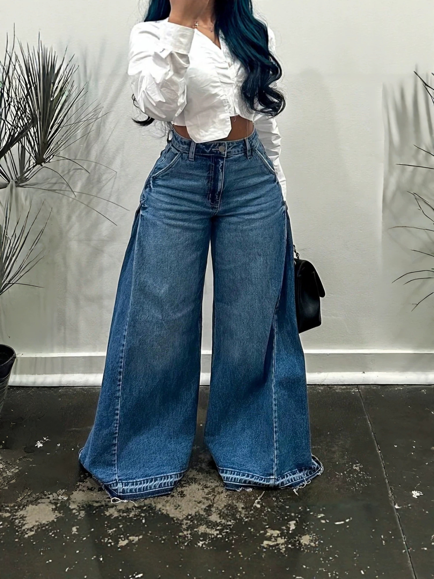 Cross-border European and American wide-leg jeans women, Y2K style, blue washed, patchwork, flared, loose, floor-length pants for women 3a