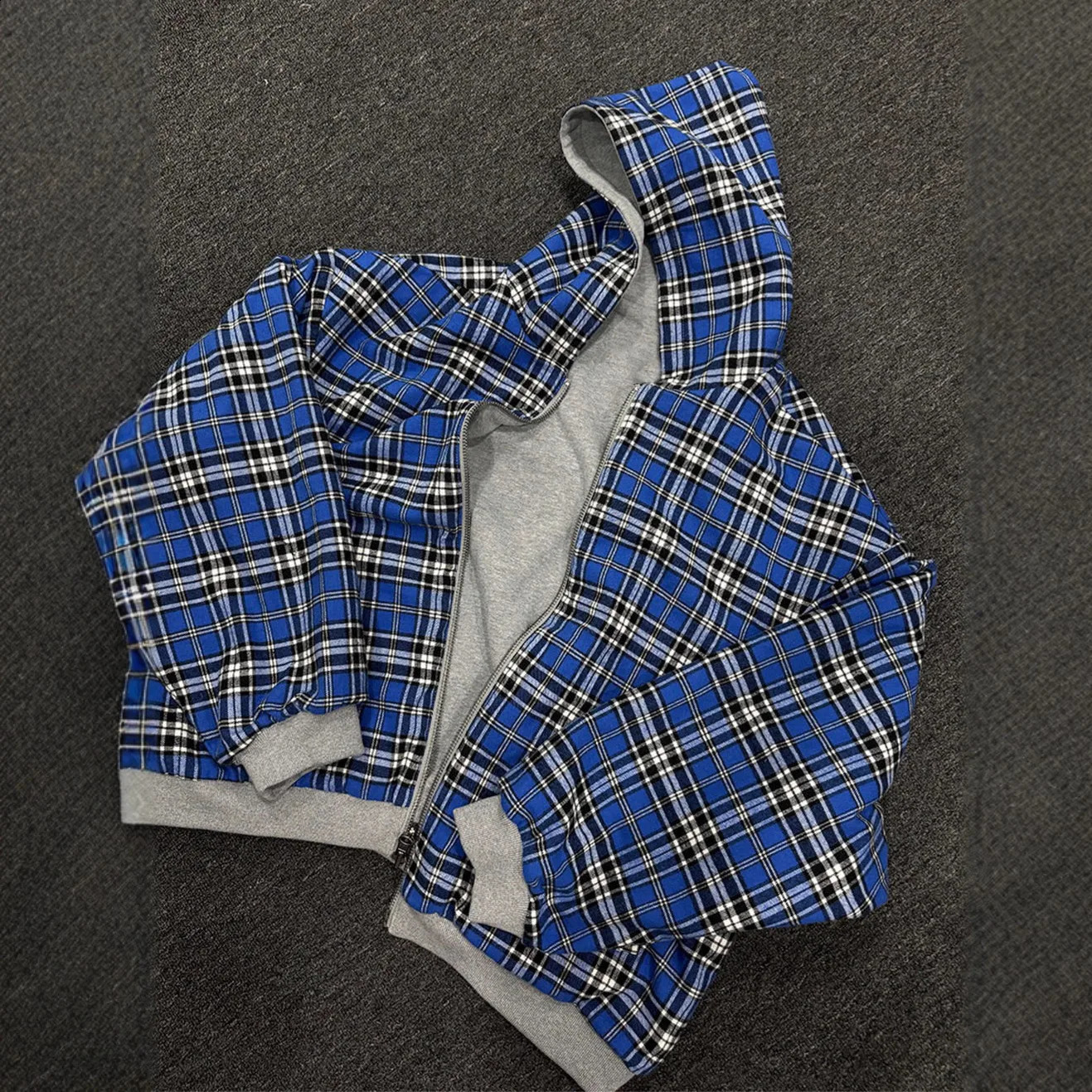 Men's Hoodie Unisex Hooded Sweatshirt Winter Plaid Print Zip Up Fleece Jacket Double Sided Zipper Loose Casual Streetwear 260917