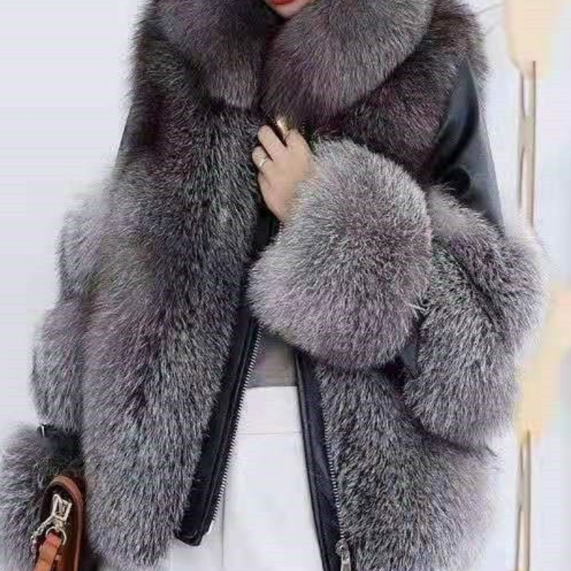 Women Cropped Zip Front Winter Jacket Dramatic Fluffy Collar Segmented Sleeve Strap Buckle Feature Relaxed Short Cut Solid Black Chic Statement O