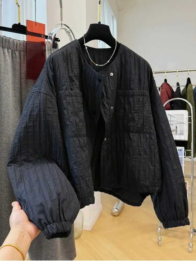 2025 Korean Women's Texture Induced Wrinkles Round Neck Quilted Cotton Jacket Lightweight Loose Casual Coat H260917