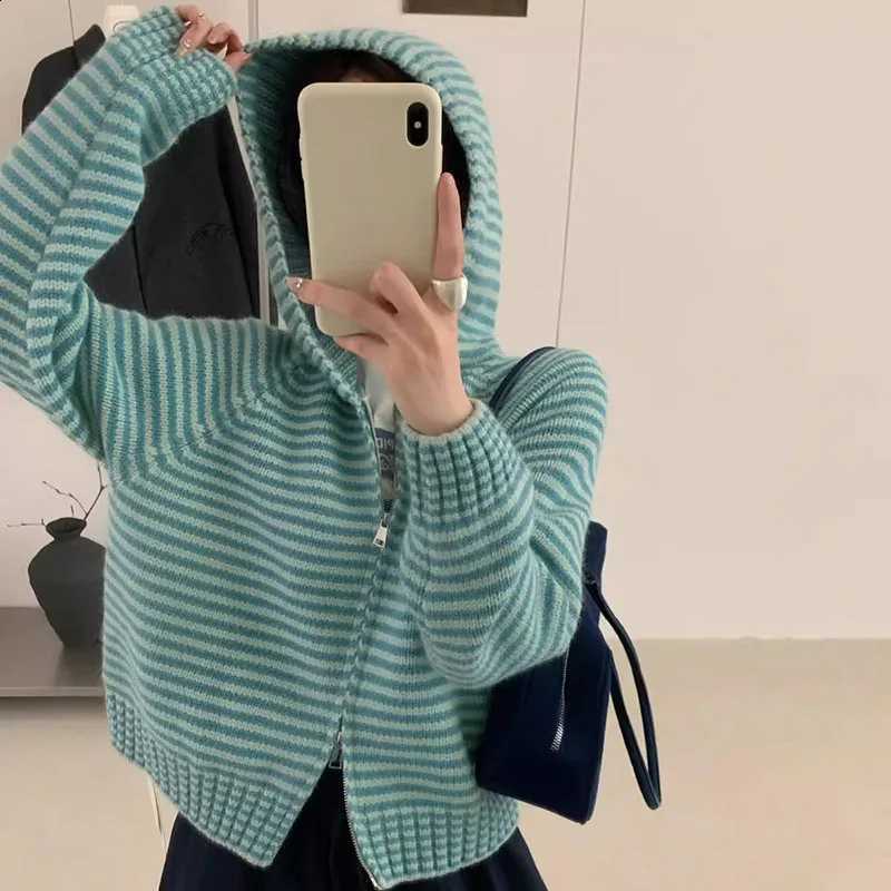 Hooded Retro Striped Zip-up Knit Cardigan Women Autumn Winter Loose Fitting Short Coat Female Korean Lazy Style Sweater Knitwear J260916