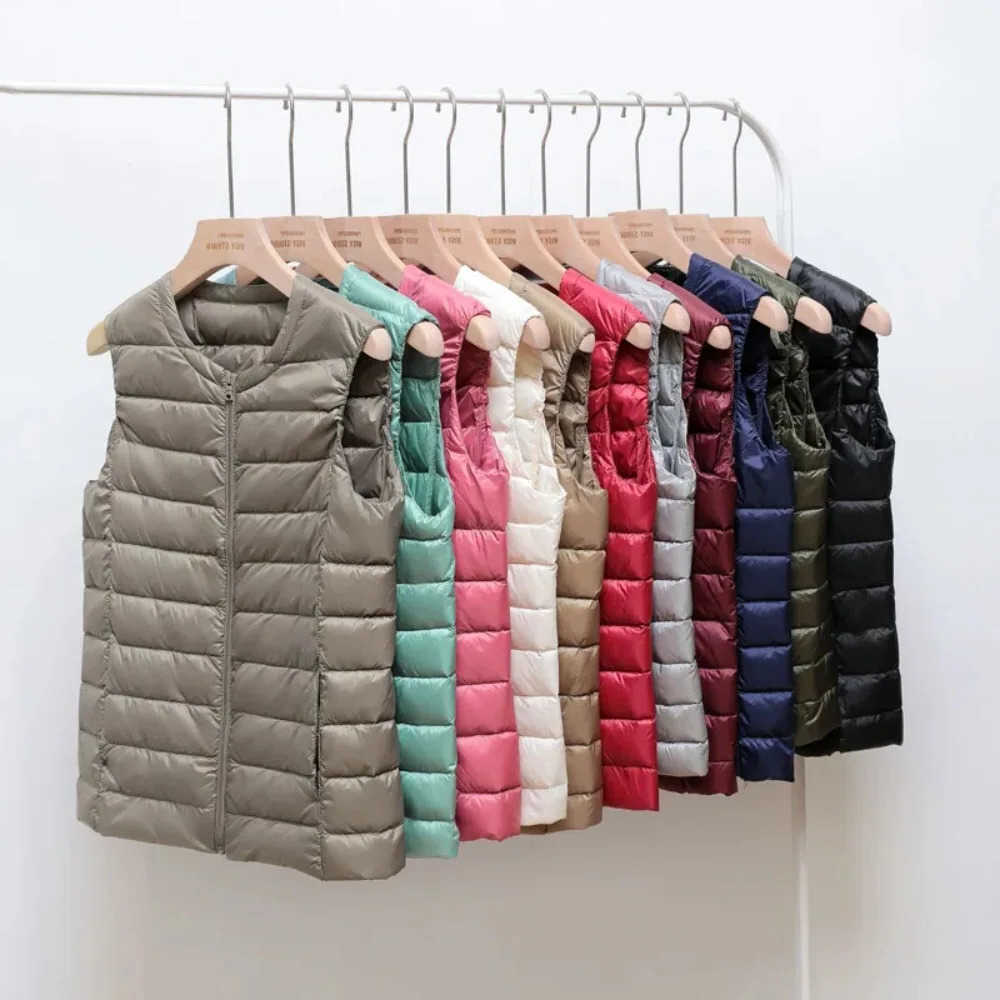 New Women Autumn Winter 2024 Ultralight Thin Packable Down Sleeveless Jacket Female O-Neck Casual Fashion Down Zipper Vest Coats H260917