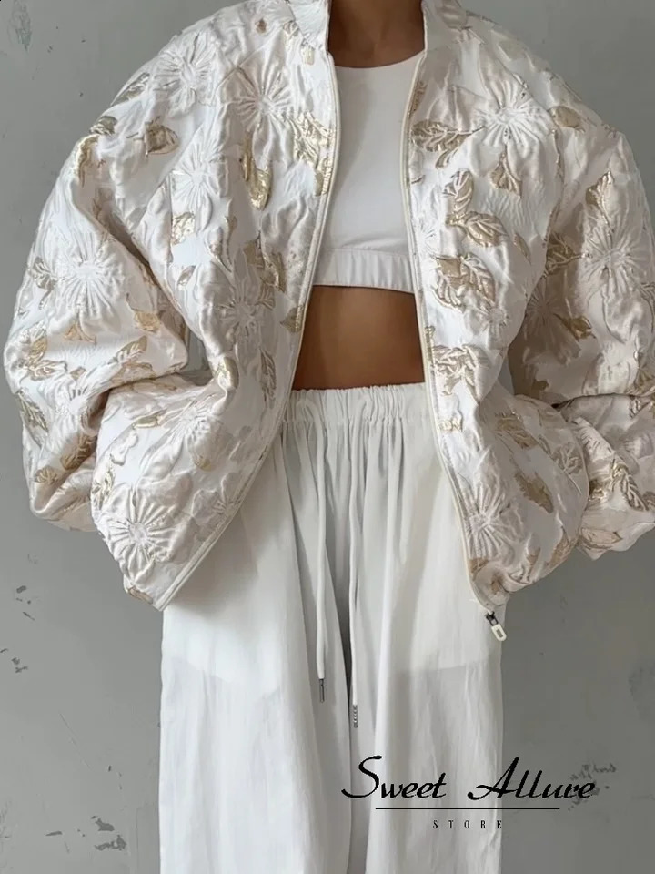 Women's Floral Bomber Jacket Zip Up Oversized Long Sleeve Stand Collar Loose Vintage Gold Embossed Outerwear 2026 Arrival 260917