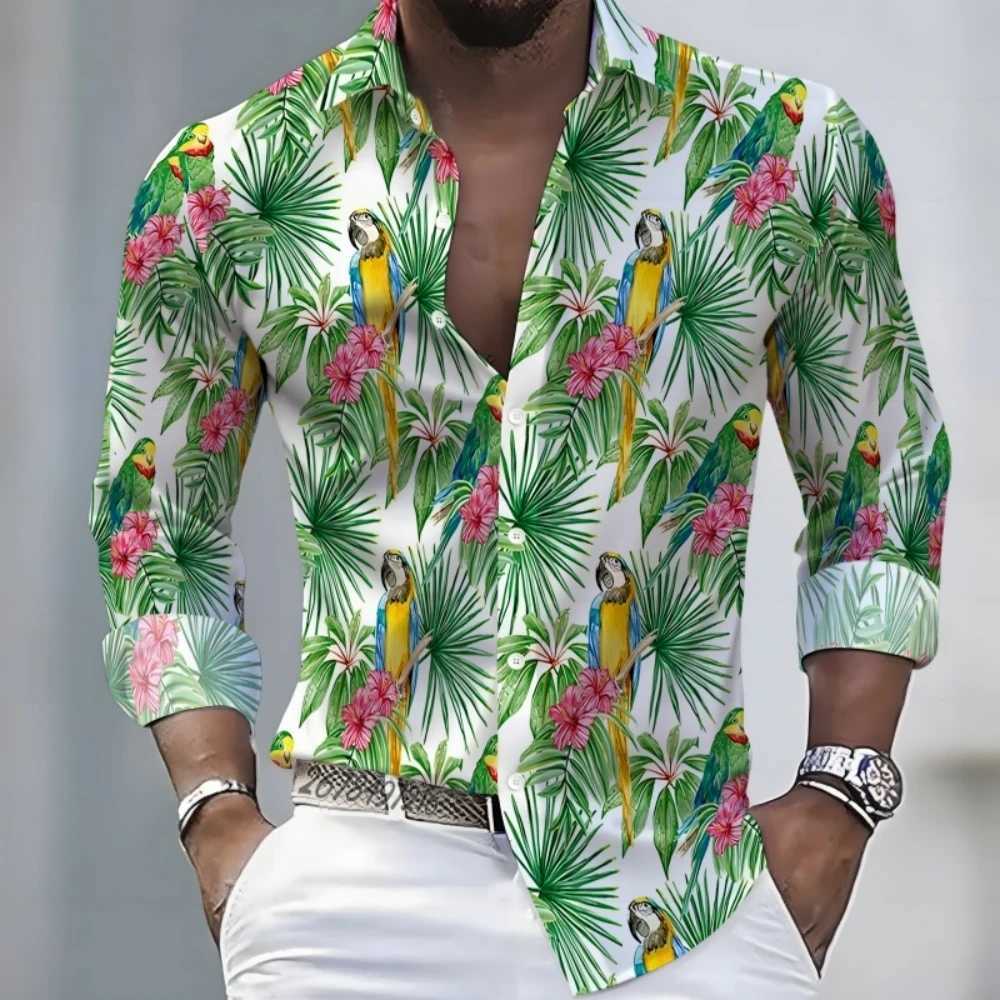 New Men's Tropical Plant Print Long-Sved Shirt Featuring Unique Flamingo Parrot Pattern Stylish Casual Top Hawaiian Shirts Q260917