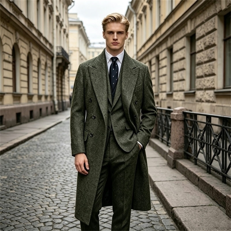 Men's Vintage Herringbone Wool Blend Long Overcoat Double Breasted Lapel Winter Formal Business Outerwear For Party Daily 260916